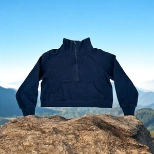 Women’s Navy Blue 1/4 Zip Cropped High Neck Long Sleeves Sweatshirt M-L